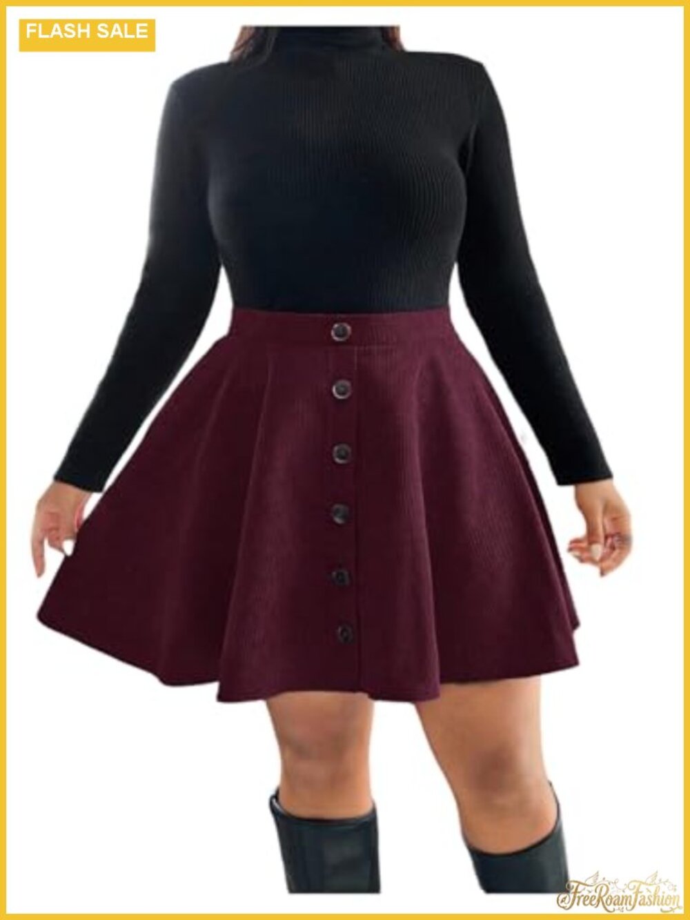 Plus Size High Waisted Flared A Line Short Skirt Button Front